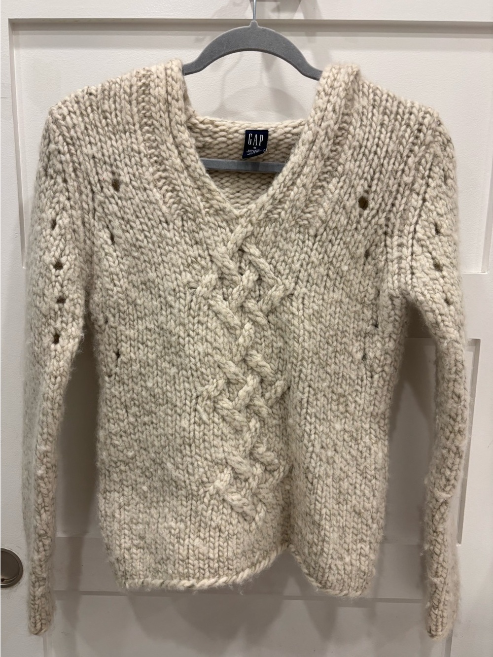 Vintage GAP Cream Wool Cable-Knit V-Neck Sweater w/ Hood